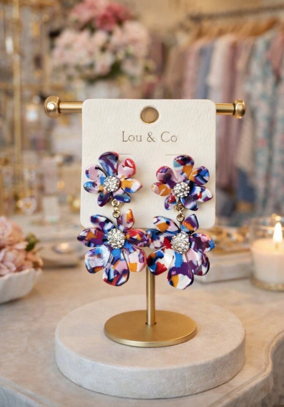 Lou & Co Colorful Lucite Flower Rhinestone Earrings New
